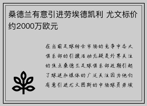 桑德兰有意引进劳埃德凯利 尤文标价约2000万欧元