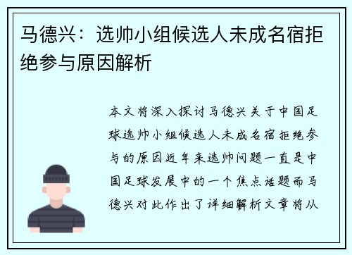 马德兴:选帅小组候选人未成名宿拒绝参与原因解析