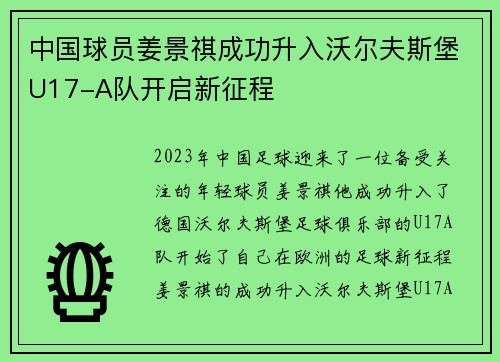 中国球员姜景祺成功升入沃尔夫斯堡U17-A队开启新征程
